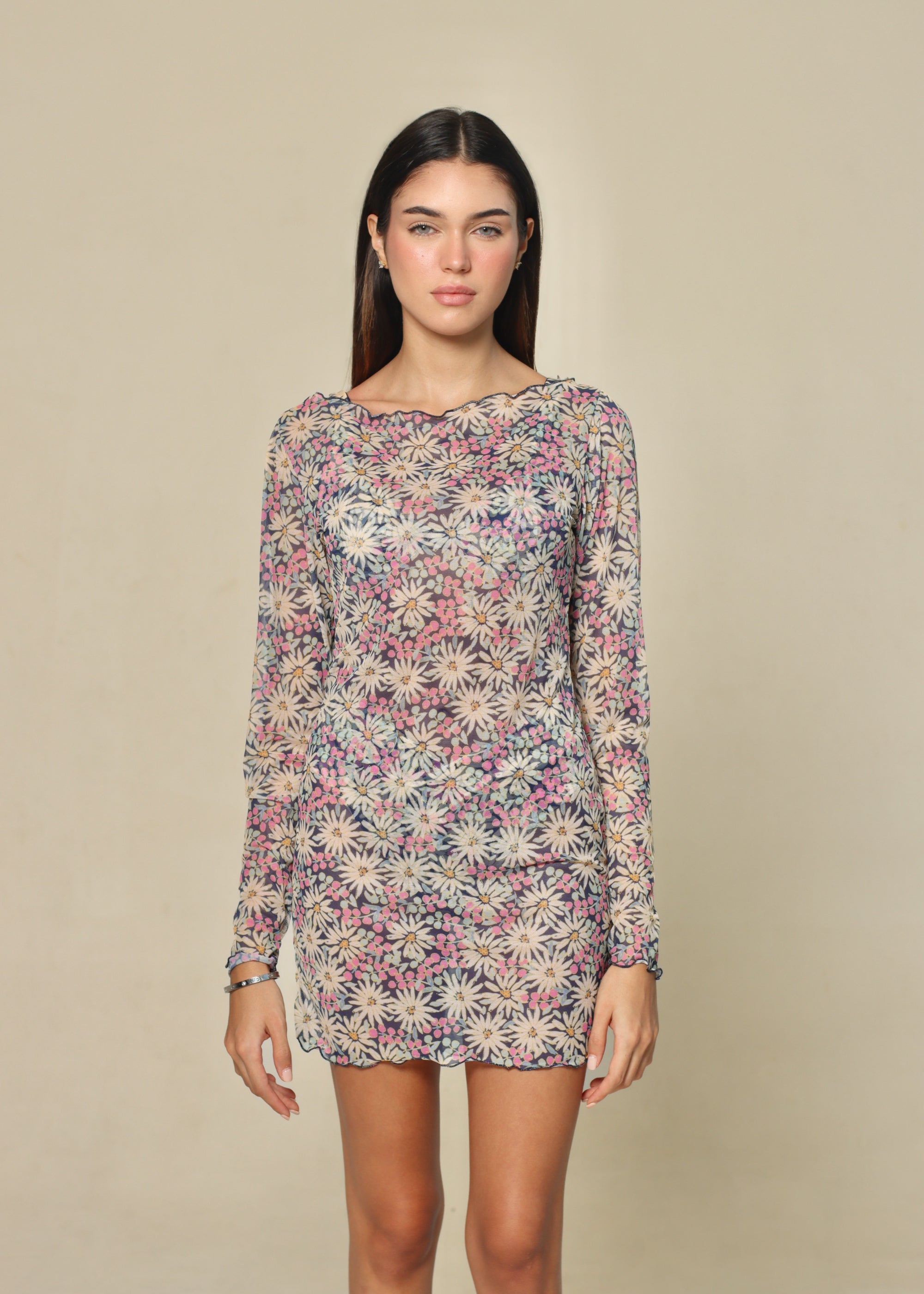 BLUE FLORAL MESH SHORT DRESS