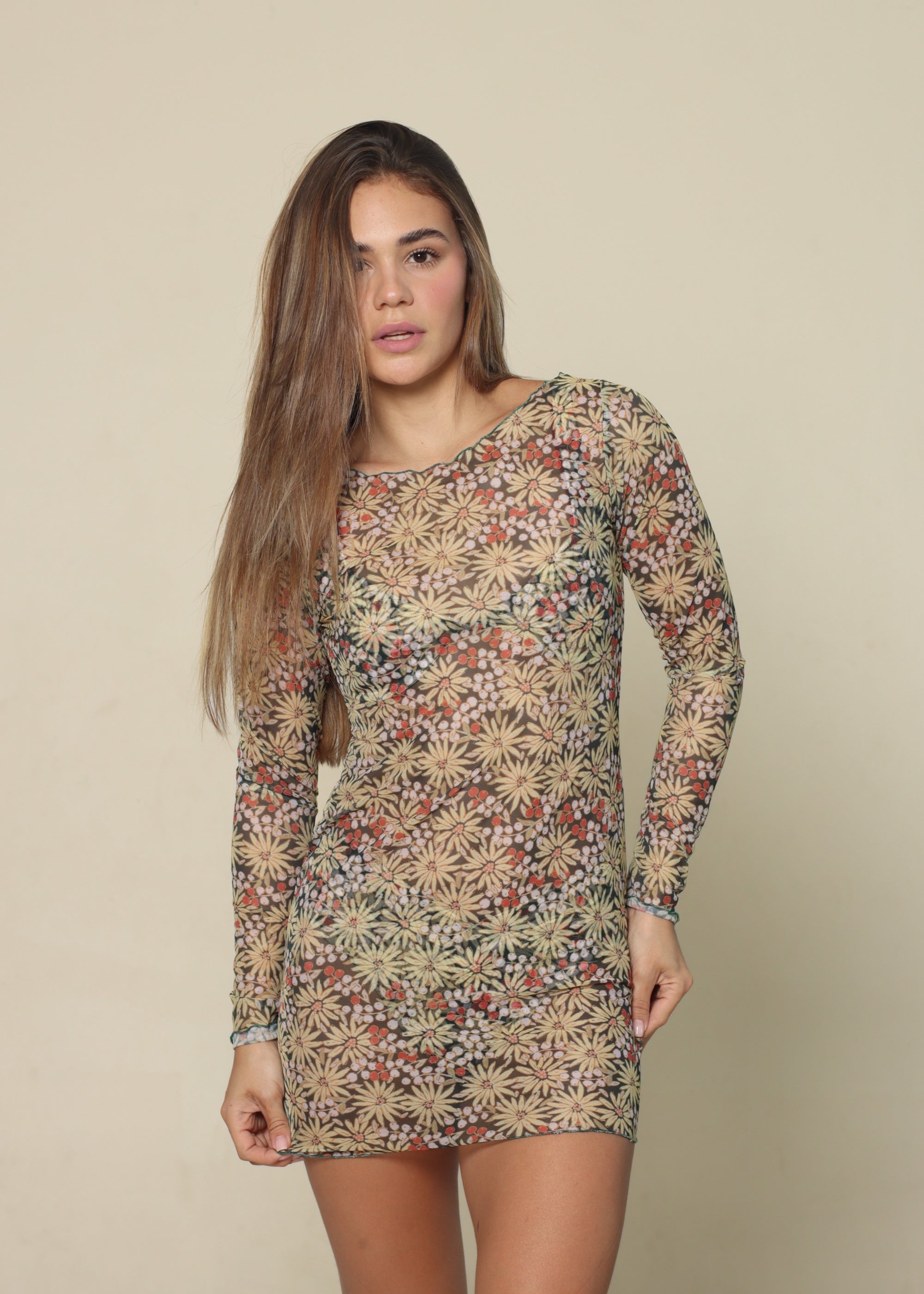 GREEN FLORAL MESH SHORT DRESS